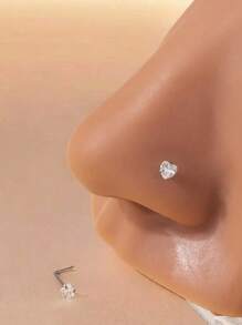 2pcs Fashionable Simple Heart Shaped Cubic Zirconia Stainless Steel Nose Stud For Women, Party Gift - Heart - View 9
