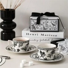 Ceramic Coffee Cup And Saucer Set, High-End Afternoon Tea Cup Gift, High-Quality European Style Porcelain Tea Cup With Matching Saucer, Suitable For Afternoon Tea And Coffee, Ideal For Holiday Gifts, Comes With Gift Box Back To School - Black and White - View 9