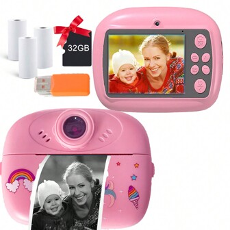 圣诞装饰儿童相机即时打印自拍数码相机，适合儿童，带打印纸和 32G 卡和即时打印 48 万像素 2.4 英寸液晶高清屏幕相机，带彩色笔，适合 3-12 岁女孩男孩的 DIY 趣味礼物（粉色/蓝色）