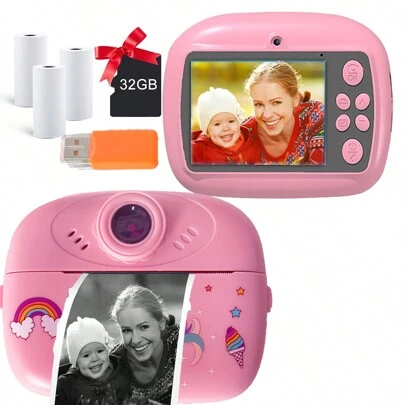 圣诞装饰儿童相机即时打印自拍数码相机，适合儿童，带打印纸和 32G 卡和即时打印 48 万像素 2.4 英寸液晶高清屏幕相机，带彩色笔，适合 3-12 岁女孩男孩的 DIY 趣味礼物（粉色/蓝色）