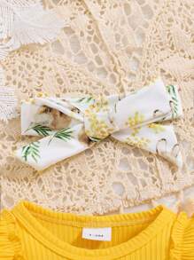 Conjunto De Body Amarillo Y Pantalones Estampados Con Conejos Para Bebé Niña, Para Otoño/invierno - Amarillo - Ver 7