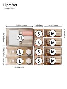 1/7/11 pièces Set organisateur de tiroir, 4 tailles de plateaux, boîte organisatrice multifonction de maquillage sous le bureau avec compartiments pour les pinceaux, les bijoux, les rouges à lèvres, idéal pour la coiffeuse, les tiroirs de bureau - Transparent - Voir 14