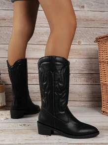 Kozaki damskie do połowy łydki, styl vintage w stylu zachodnim, czarne buty ze szpiczastym noskiem, modne buty na grubym obcasie z haftowanym wzorem