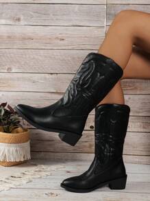 Kozaki damskie do połowy łydki, styl vintage w stylu zachodnim, czarne buty ze szpiczastym noskiem, modne buty na grubym obcasie z haftowanym wzorem