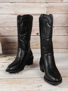 Kozaki damskie do połowy łydki, styl vintage w stylu zachodnim, czarne buty ze szpiczastym noskiem, modne buty na grubym obcasie z haftowanym wzorem