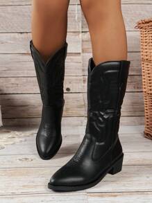 Kozaki damskie do połowy łydki, styl vintage w stylu zachodnim, czarne buty ze szpiczastym noskiem, modne buty na grubym obcasie z haftowanym wzorem