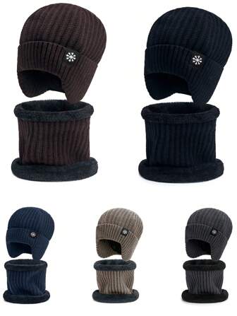 2-Piece 1-Set Men's Winter Warm Ear And Neck Protection With Fleece Windproof Scarf Hat