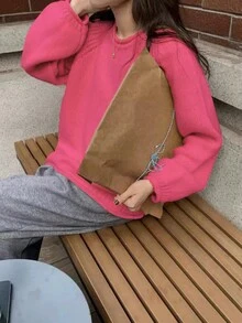 Damen-Pullover mit rundem Ausschnitt, Raglanärmel und einfarbiger Strickstruktur, Langarmoberteil - Pink - Übersicht 2