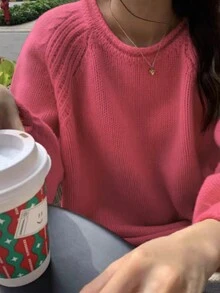 Damen-Pullover mit rundem Ausschnitt, Raglanärmel und einfarbiger Strickstruktur, Langarmoberteil - Pink - Übersicht 5