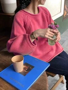 Damen-Pullover mit rundem Ausschnitt, Raglanärmel und einfarbiger Strickstruktur, Langarmoberteil - Pink - Übersicht 6