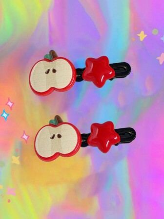 2pcs Apple & Star Shaped Hair Clips For Girls, Cute Bangs Hairpins Y2k,Hair Accessories,Hair Barrettes Claw Clips, School Stuff
