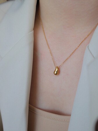 1pc Gold Stainless Steel 18K Gold Plated Chain Necklace With Small Water Drop Pendant, Minimalist Design Suitable For Daily Wear