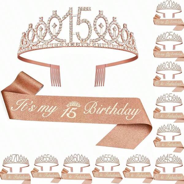 Set de 2 piezas que incluye faja de cumpleaños y corona para mujeres, corona de cumpleaños "Es mi cumpleaños" para 15, 20, 25, 30, 35, 40, 45, 50, 55, 60, 65 o 70 años, cinta de cumpleaños, velas fabulosas y decoración para pastel, regalos de cumpleaños para mujeres, suministros de fiesta de cumpleaños, accesorios de fiesta de color rosa dorado