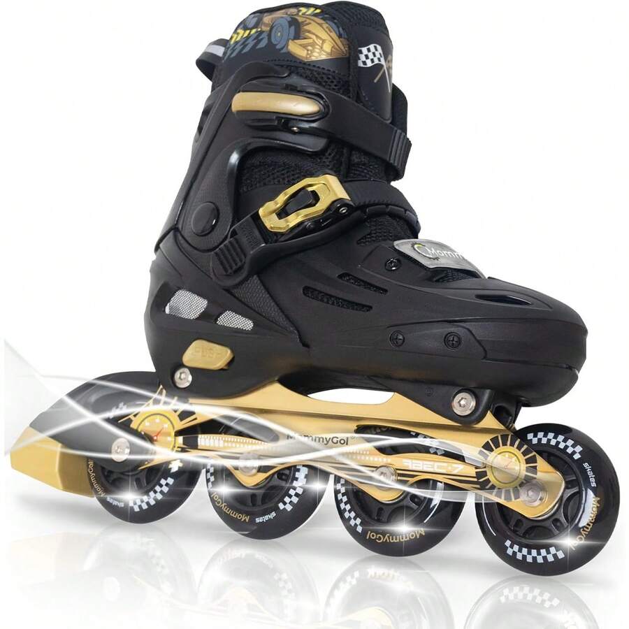Inline Skates For Boys And Girls Youth, 4 Size Adjustable Roller Skates With PU Flashing Wheels, Aggressive Inline Skates High Performance For Kids Age 6-12 - 黑金 - 查看 1