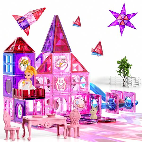 HENGPHY Magnetic Building Tiles Kids Toys For 3 4 5 6 Year Old Girls, Magnets 111Pcs Building Blocks Learning Educational Stem Toys Pretend Play With Dolls Birthday Gifts For Toddlers 3-6 Ages