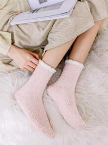 6 双装 女士珊瑚绒拼接彩色加厚中筒袜 冬季保暖毛绒柔软居家室内地板睡眠袜