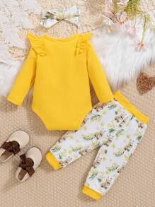 Conjunto De Body Amarillo Y Pantalones Estampados Con Conejos Para Bebé Niña, Para Otoño/invierno - Amarillo - Ver 2