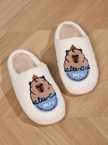 Women's Guinea Pig Capybara Cartoon Embroidery Slippers, Woolen Indoor Bedroom Flat Bottom Thick Bottom Comfortable Slippers For Spring And Autumn - White - View 6