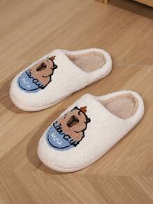 Women's Guinea Pig Capybara Cartoon Embroidery Slippers, Woolen Indoor Bedroom Flat Bottom Thick Bottom Comfortable Slippers For Spring And Autumn - White - View 5