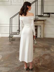 Vestido midi de unicolor de manga larga con hombros descubiertos, otoño e invierno - Blanco - Ver 2