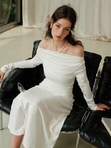 Vestido midi de unicolor de manga larga con hombros descubiertos, otoño e invierno - Blanco - Ver 6