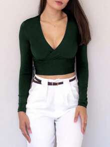 CROPPED V-NECK LONG SLEEVE BLOUSE - xanh quân đội - Xem 1
