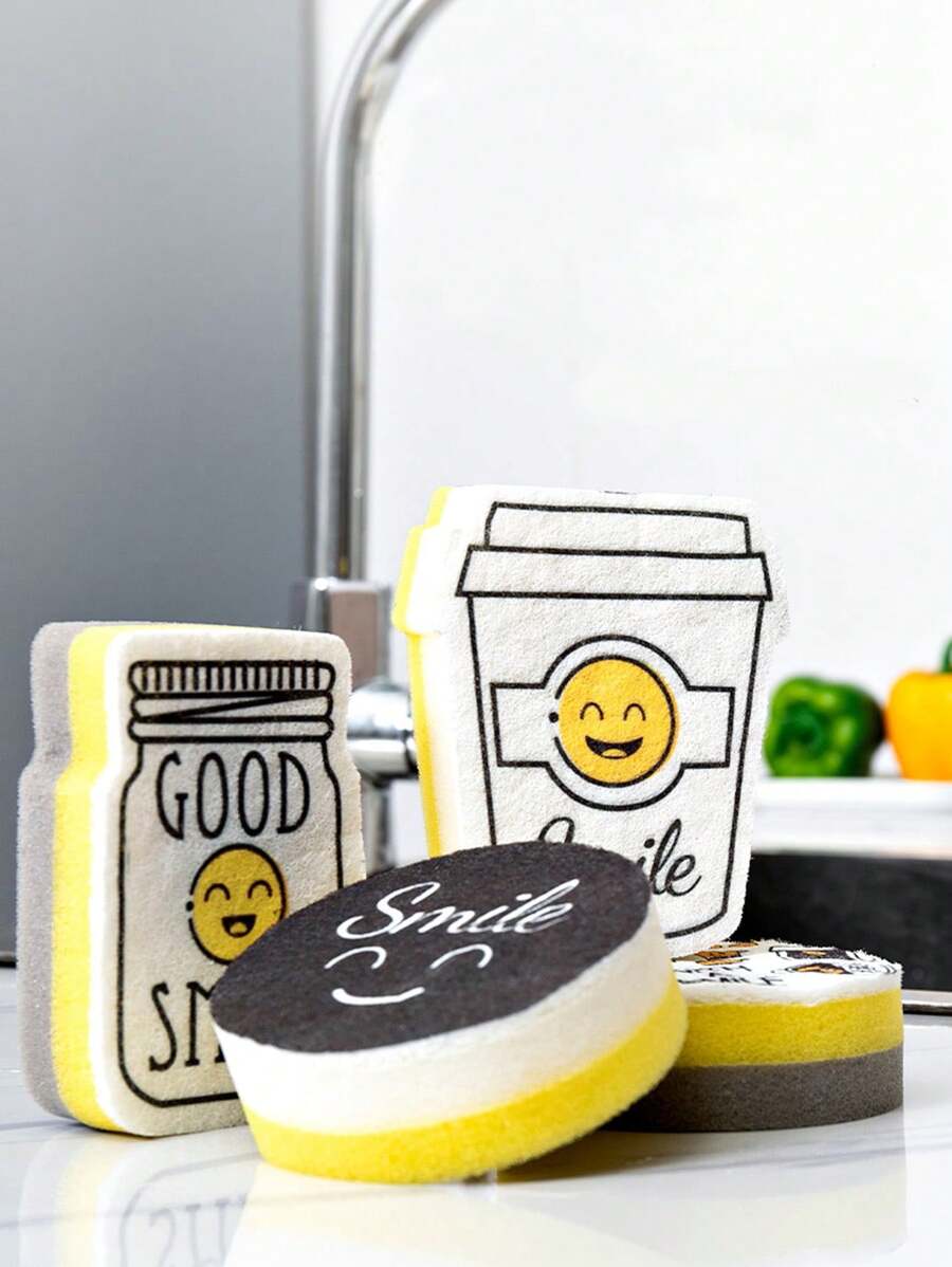 4pcs Cartoon Face Print Cleaning Sponge,Kitchen,Bathroom,Home,Household Suppliers - Multicolor - View 1