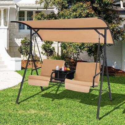 2 Seater Porch Swing, Garden Swing With Cool Bag And Tray, Adjustable Sunroof & Removable Cushions, Swing Bench Patio Swing, Outdoor Swing For Garden Yard Patio, 181 X 124 X 161.5 Cm