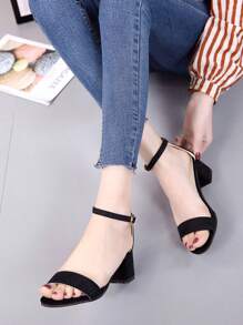 Sandalias de tacón alto hebilla de una línea, tacón grueso ajustable, punta abierta,, sexy, casual, elegante diosa - Negro - Ver 1