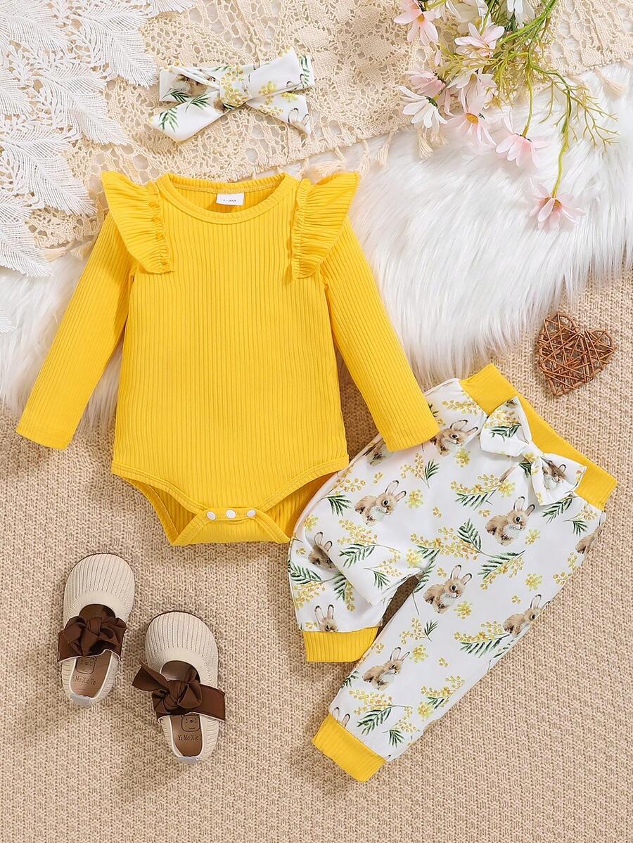 Conjunto De Body Amarillo Y Pantalones Estampados Con Conejos Para Bebé Niña, Para Otoño/invierno - Amarillo - Ver 1