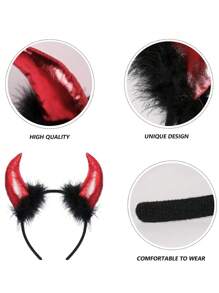 1 件万圣节恶魔角头带道具，闪亮毛茸茸的魔鬼角头饰，用于营造氛围、拍照、服装、万圣节服装节日必备 - 彩色 - 查看 5