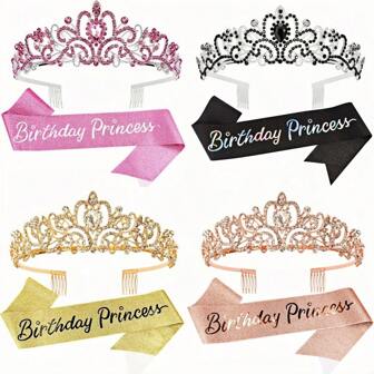1 套生日绶带公主和皇冠女士彩色生日头饰和生日女王绶带套装生日快乐头饰女士水晶生日皇冠成人女士生日装饰品，