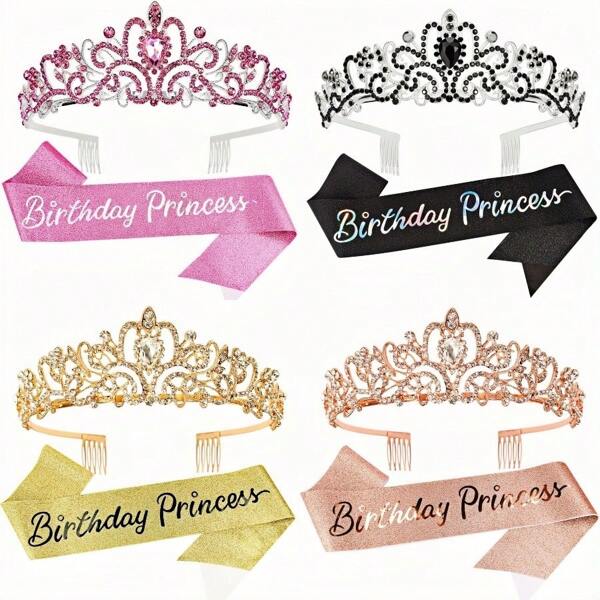 1 Set Faja de cumpleaños, cinta, corona de princesa para mujeres, diadema de cumpleaños colorida y set de faja de reina de cumpleaños, tiara de cumpleaños feliz con cristales para mujeres adultas, decoraciones de cumpleaños