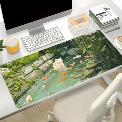 Alfombrilla de ratón grande con diseño de gato y pez de anime, con borde cosido, base de goma antideslizante, estera de escritorio oblonga de 35.4x15.7 pulgadas, regalo para amigos, mujeres, regreso a la escuela, accesorios de escritorio, suministros de oficina, accesorios de escritorio, alfombrilla de ratón para escritorio