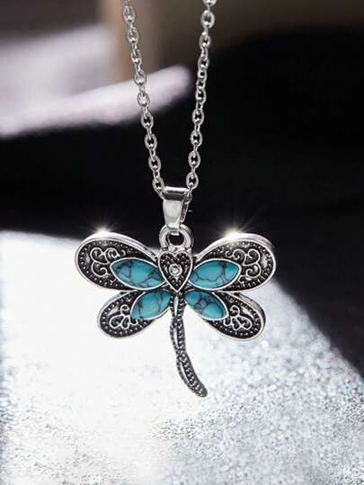 1pc Boho Dragonfly Vintage Imitation Turquoise Pendant Butterfly Chain Necklace For Women Party Jewelry Accessories
