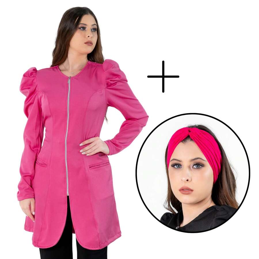 Women's Waisted Coat Kit With Long Puffed Sleeves + Turban Headband - 玫紅色 - 查看 1