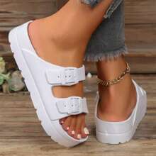 Womens Adjustable Double Buckle Sandals Fashion Waterproof Beach Slide Comfortable EVA Flat Shoes - trắng - Xem 5
