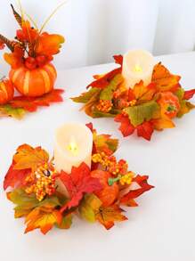 1 件仿真枫叶南瓜烛台花环，感恩节和万圣节餐桌装饰花环，婚礼餐桌装饰 - 彩色 - 查看 2
