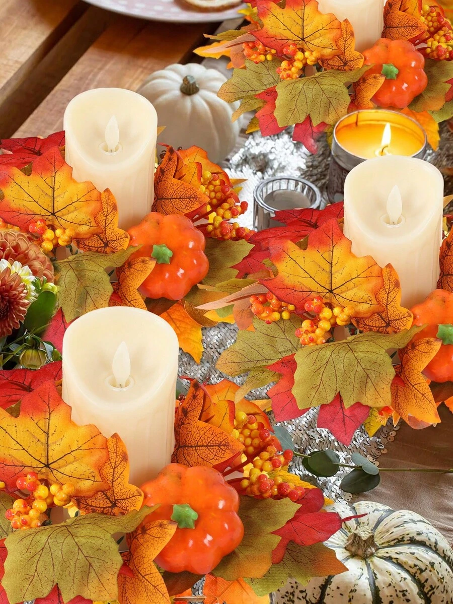1 件仿真枫叶南瓜烛台花环，感恩节和万圣节餐桌装饰花环，婚礼餐桌装饰 - 彩色 - 查看 1