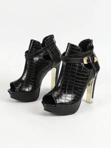 女士黑色高跟防水台露趾靴