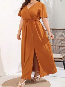 Women Plus Size Wrap Maxi Dress Short Flutter Sleeves Empire Waist Split A Line Boho Casual Dress