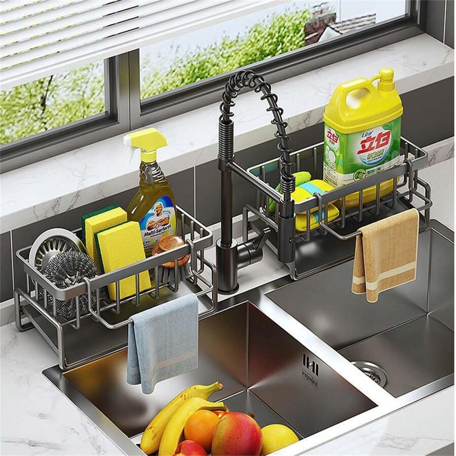 Kitchen Dishcloth Holder Sponge Scouring Pad Organizer Rack, Hanging Soap Dispenser Sink Countertop Drainer - Multicolor - View 1