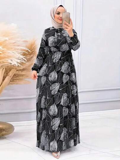 Vestido feminino com decote redondo, estampado, cintura justa, manga comprida, abaya, modesto, feito de tecido de seda gelada