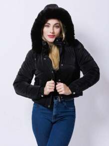 Women's Puffer Lined Jacket - 黑色 - 查看 1