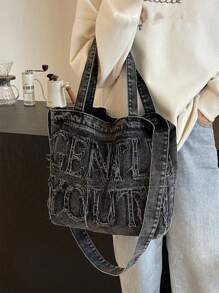 Minimalist Style Raw Edge Letter Design Jeans Canvas Tote Bag, Solid Color Large Capacity Shoulder Bag, Suitable For Women's Daily Use, Work Commutingschool Tote Bag,School Bookbag,Portable,Foldable,Business Casual, Suitable For Teen Girls Women College Students,Teacher,Rookies & White-Collar WorkersCollege,Vacation,Beach,Holiday,Shopping, Perfect For Cow Girl - 黑色 - 查看 3