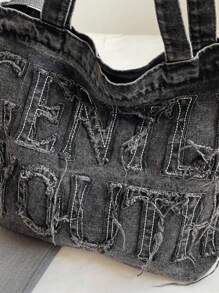 Minimalist Style Raw Edge Letter Design Jeans Canvas Tote Bag, Solid Color Large Capacity Shoulder Bag, Suitable For Women's Daily Use, Work Commutingschool Tote Bag,School Bookbag,Portable,Foldable,Business Casual, Suitable For Teen Girls Women College Students,Teacher,Rookies & White-Collar WorkersCollege,Vacation,Beach,Holiday,Shopping, Perfect For Cow Girl - 黑色 - 查看 9