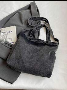 Minimalist Style Raw Edge Letter Design Jeans Canvas Tote Bag, Solid Color Large Capacity Shoulder Bag, Suitable For Women's Daily Use, Work Commutingschool Tote Bag,School Bookbag,Portable,Foldable,Business Casual, Suitable For Teen Girls Women College Students,Teacher,Rookies & White-Collar WorkersCollege,Vacation,Beach,Holiday,Shopping, Perfect For Cow Girl - 黑色 - 查看 8