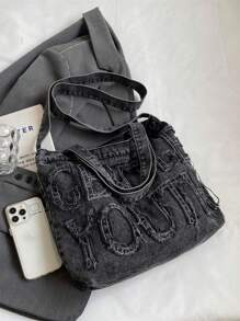 Minimalist Style Raw Edge Letter Design Jeans Canvas Tote Bag, Solid Color Large Capacity Shoulder Bag, Suitable For Women's Daily Use, Work Commutingschool Tote Bag,School Bookbag,Portable,Foldable,Business Casual, Suitable For Teen Girls Women College Students,Teacher,Rookies & White-Collar WorkersCollege,Vacation,Beach,Holiday,Shopping, Perfect For Cow Girl - 黑色 - 查看 7