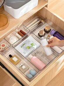 1/7/11 pièces Set organisateur de tiroir, 4 tailles de plateaux, boîte organisatrice multifonction de maquillage sous le bureau avec compartiments pour les pinceaux, les bijoux, les rouges à lèvres, idéal pour la coiffeuse, les tiroirs de bureau - Transparent - Voir 7
