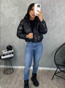 Jaqueta De Couro Zíper Puffer Feminina Moda Blogueira Grossa e Forrada - Preto - Visão 1